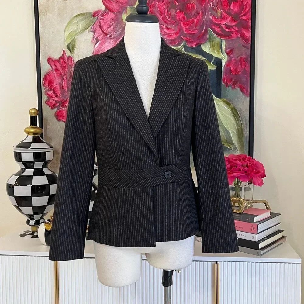 ESCADA Women's Striped Double Lapel Silk Wool Blazer Jacket Gray Purple Size 34